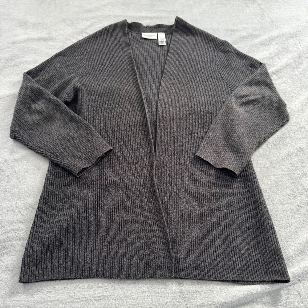 Liz Claiborne Liz & Co Gray Ribbed 100% Cotton Open Front Cardigan Sweater Large